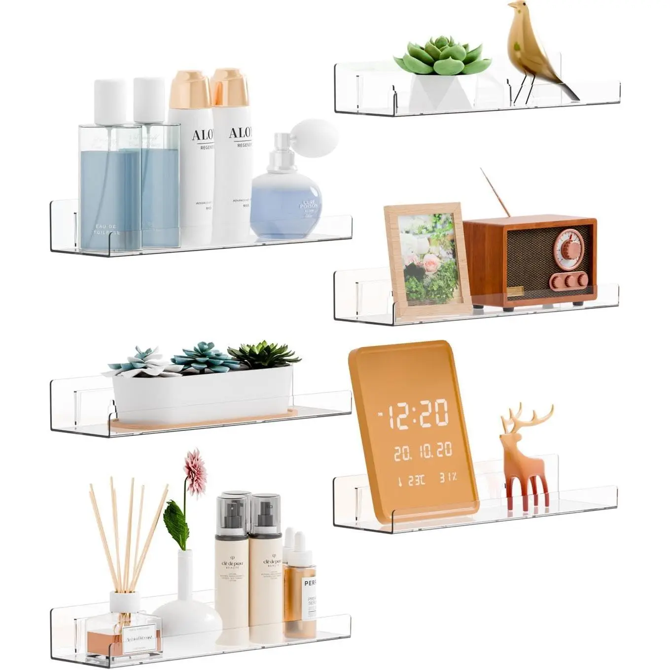 6 Pack Acrylic Shelves  Wall Storage- No Drilling Adhesive Shelves - Clear Stick On Bathroom Wall Shelf Organizers,Plastic Floating Shelves  Perfume,Funko,Lego,Skincare,Bookshelf  Kids
