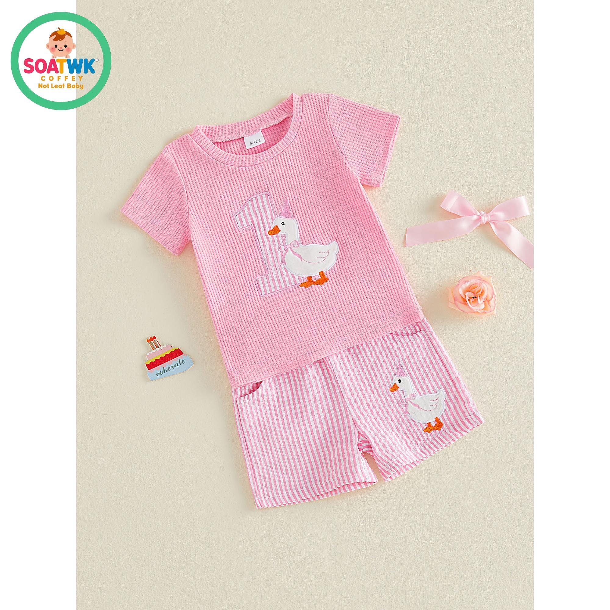 Baby Girls Birthday Outfit, Short Sleeve Embroidery Duck T-shirt with Striped Shorts Summer 2-piece Outfit