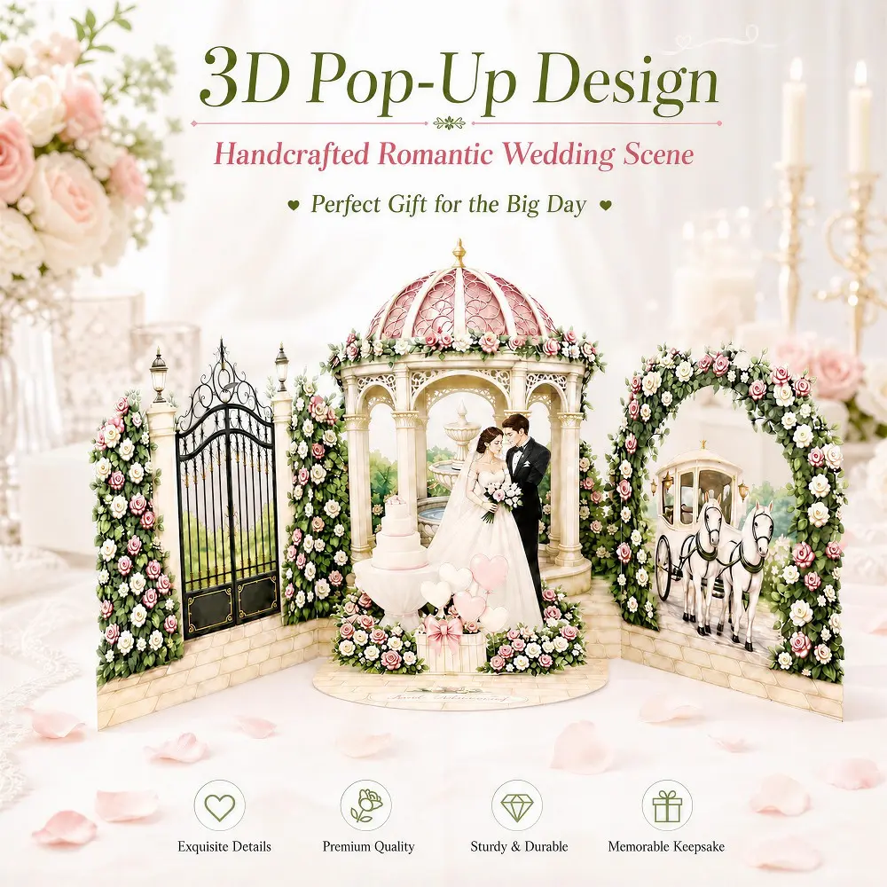 3D Wedding Card with Envelope, Romantic Garden Pavilion New Couple Flower Arch Greeting Card, Rose Car New Marriage Card, Perfect Gift for Newlyweds