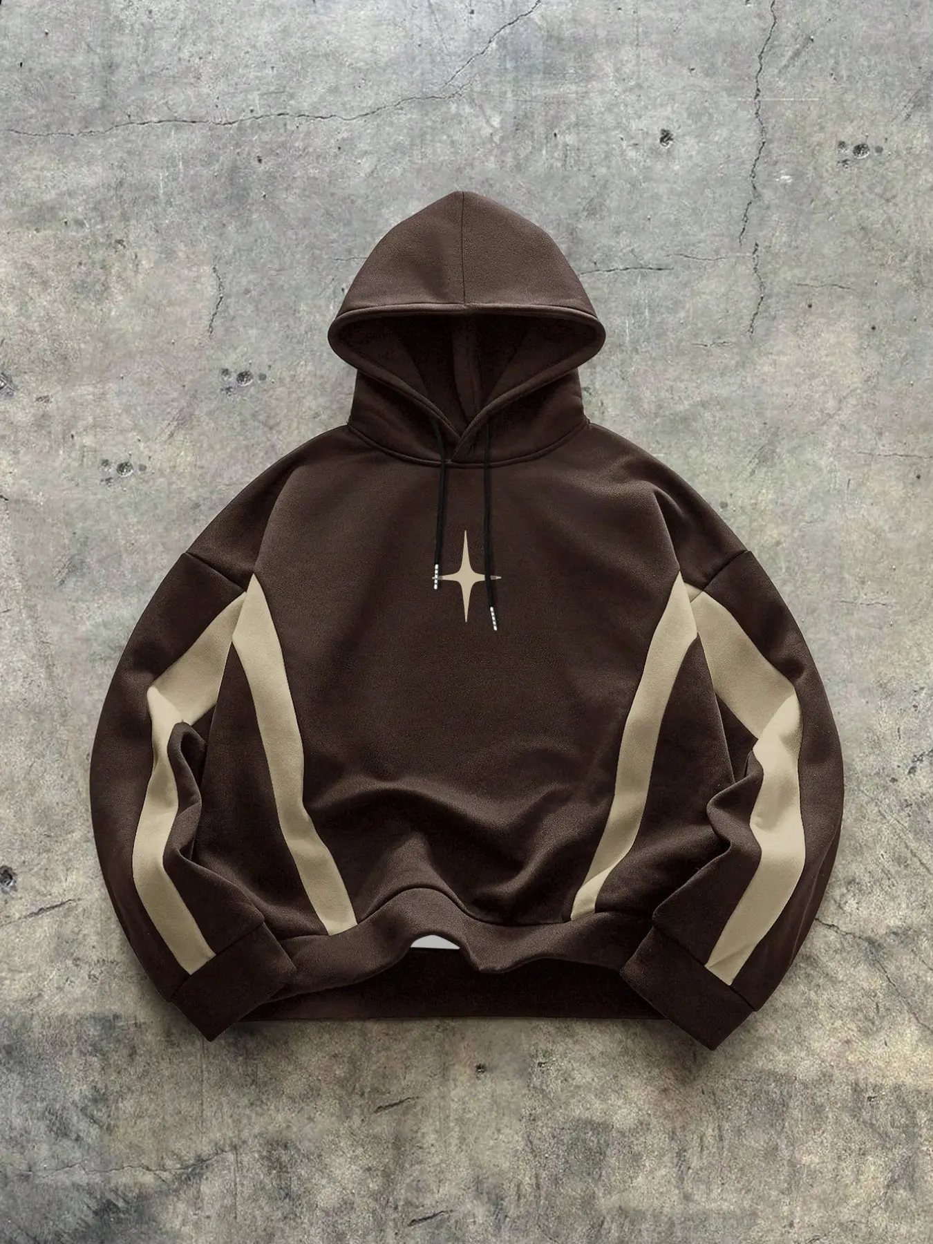 Earth Tone Hoodie Men's Pullover Sweatshirt Colorblock Panel Minimalist Oval Logo Embroidery Drop Shoulder Loose Streetwear Top