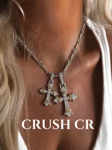 CRUSH CR Vintage Gothic Barbed Wire Wrap Double Cross Necklace, Gold & Silver Contrast Bling CZ Chain for Men Women, Dark Alt Accessory for Punk Rave Festivals, Grunge Outfits & 90s Retro Streetwear
