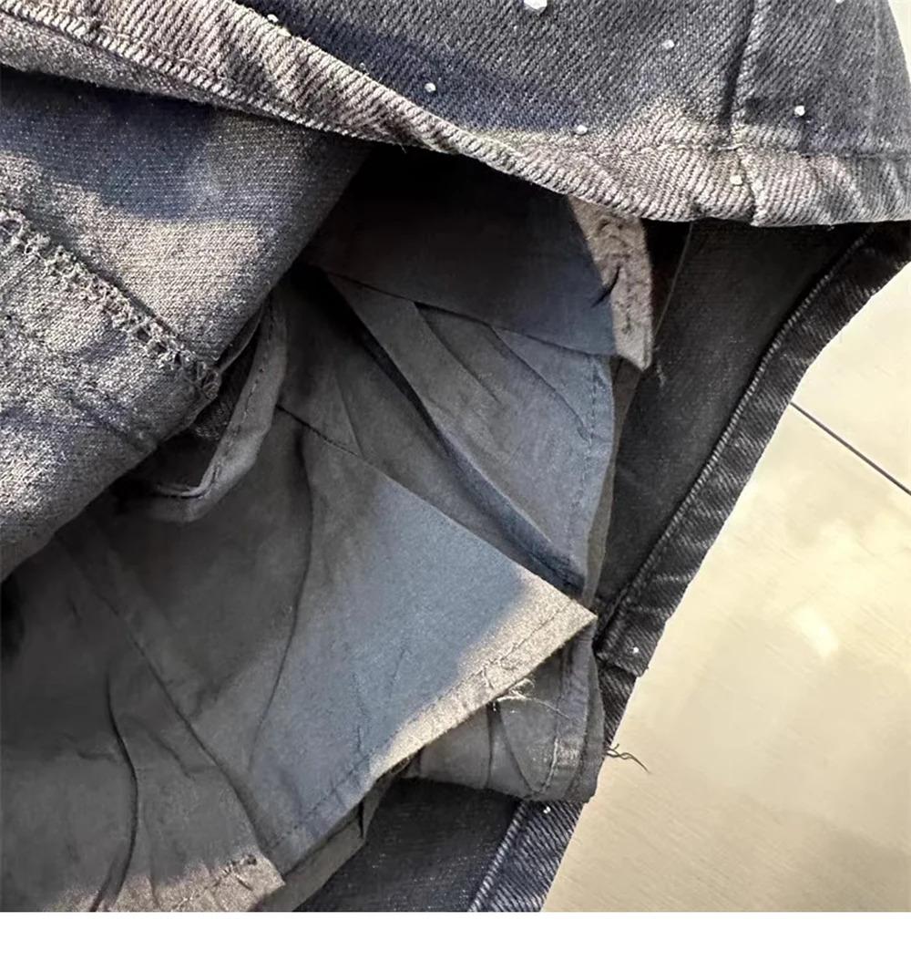 Oversize Retro Diamond Denim Mini Skirt for Women Summer High Waist Shiny Rivet Slim Skirts Gradient Black Grey Jean Skirts, Womenswear Bottom Palda Basic Minimalist