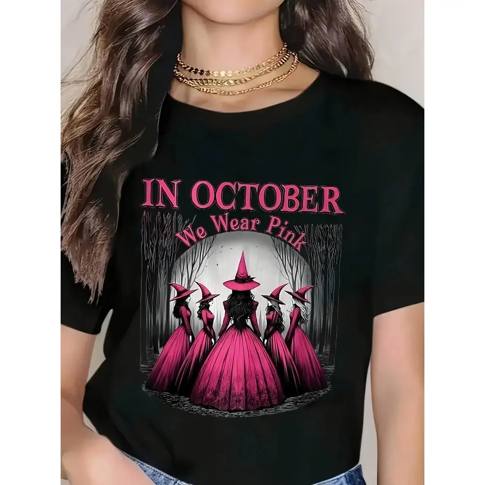 Women's Gothic Witch T-Shirt - Pink & Black Suitable for Halloween Costumes with Witches' Hats & Bats Print, Crew Neck Casual Tee for October Parties, Themed Outfits, Machine Washable Witch Design