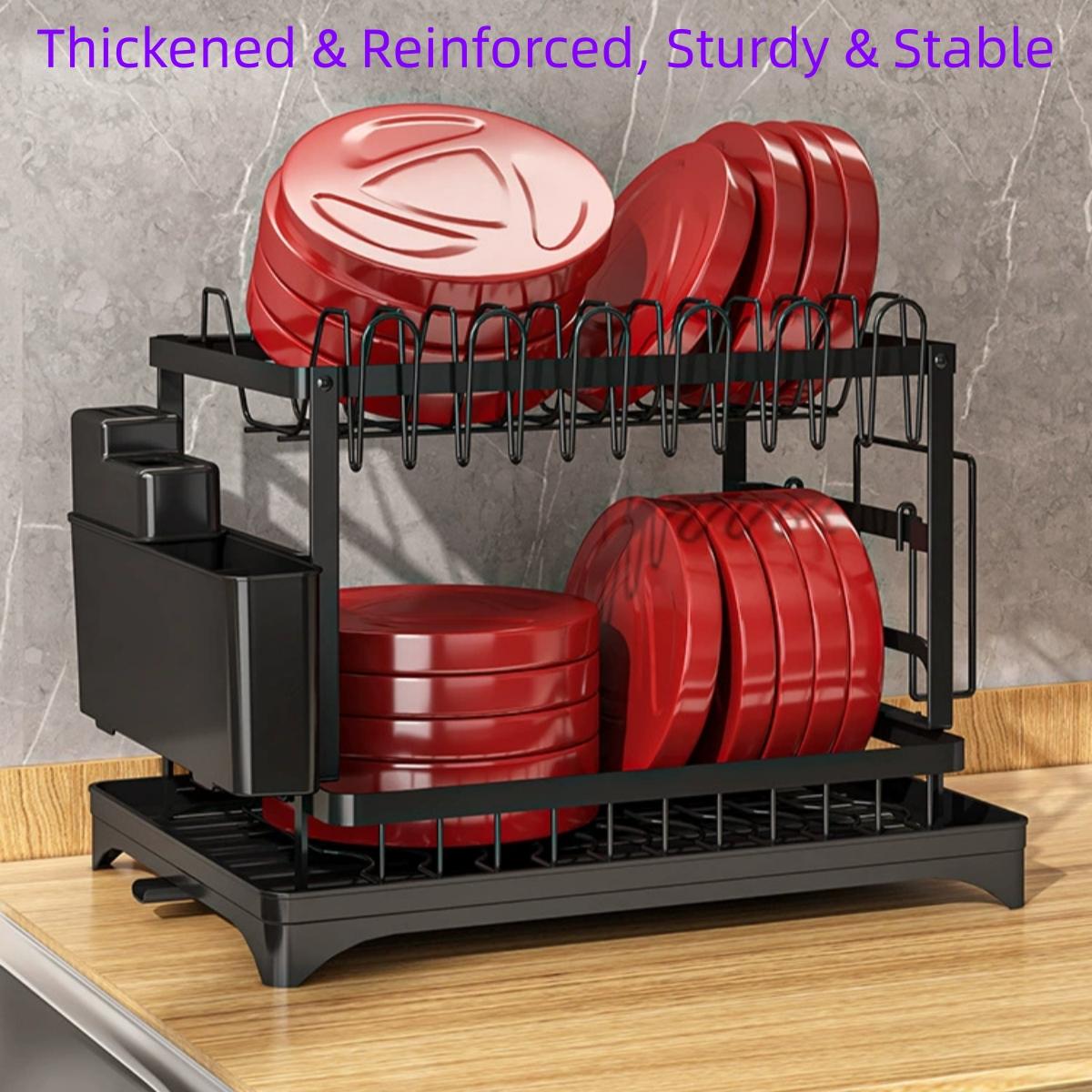 CookSide Dish Drying Rack, 1 Count 2-Tier Dish Rack With Drainboard, Dish Drainer Rack, 2-layer Foldable Tableware Drain Storage Rack, Kitchen Accessories, Home Decor Cutlery Metal Aesthetic Reusable Plastic