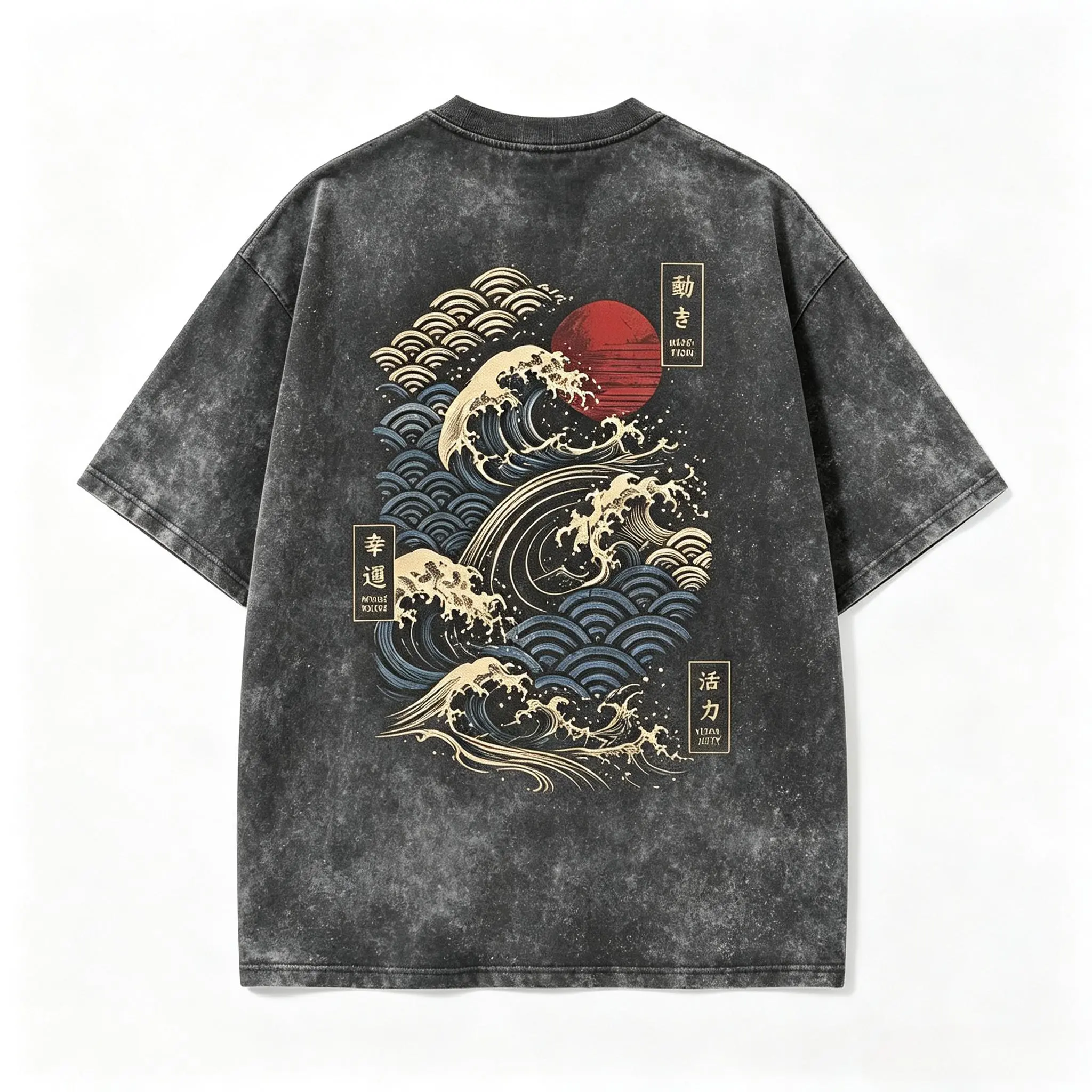 Oversized Japanese Wave Graphic T-Shirt - Red Sun Ocean Art Streetwear Tee for Men Women Casual Top