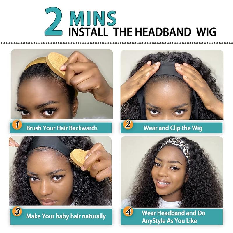 Bling Hair Headband Wig Kinky Curly Human Hair Wigs Brazilian Remy HUman Hair Wigs Curly 12-24 Inch Non Lace For Women 180% Density TikTokShopBlackFriday