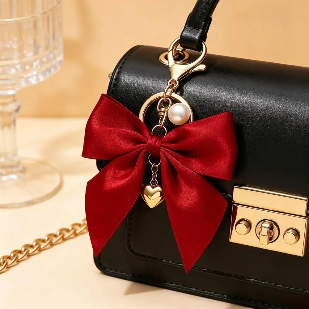 Coquette Bag Charm, Elegant Satin Fabric Bow Keychain with Faux Pearls, Cute Purse Clip for Daily Wear and Handbags, Ribbon Bow, Romantic Look, Chic Clip-On, Fashion, Soft Girl, Backpack Accessories, Silky Satin