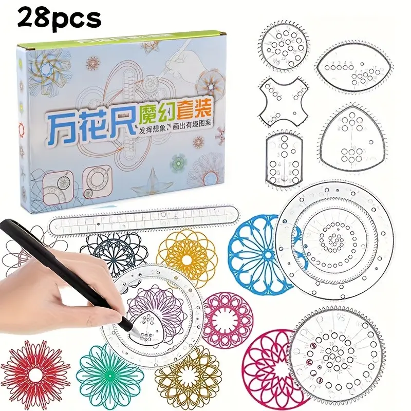 28pcs Drawing Spiral Circle Templates, Transparent Spiral Art Gears, Geometric Rulers, DIY Art Crafts, Sketching Tools, Includes Pen Paper