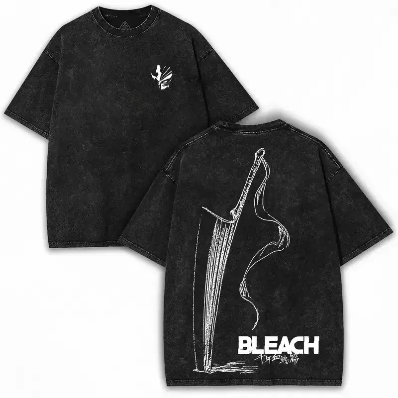 Hot Sale BLEACH Zangetsu Graphic Print T-shirt Men Women Vintage Washed Cotton Solf Summer New Tee Harajuku Style Oversized Top