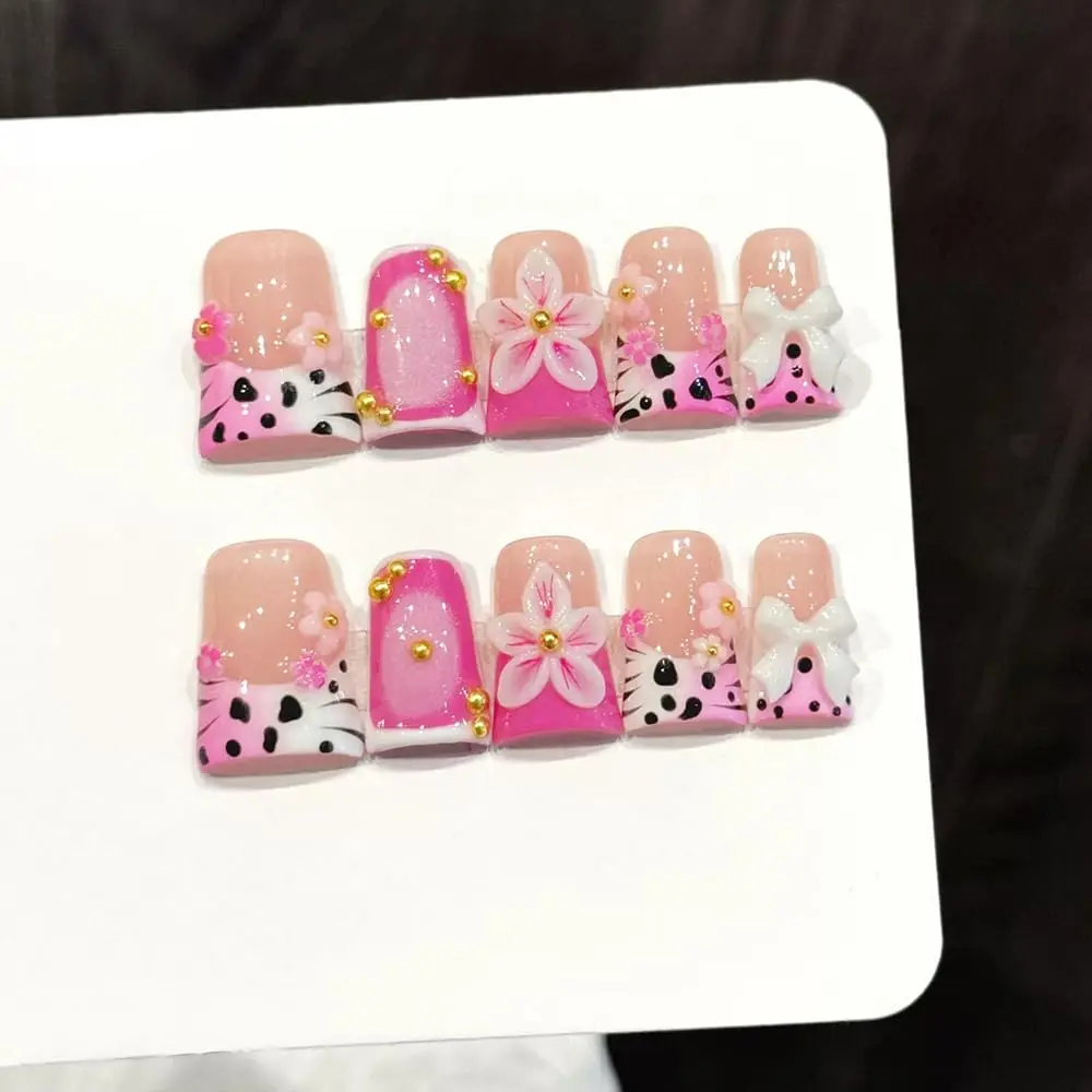 Handmade Press on Nails Short Duck 3D Pink White Floral Designs Gradient French Tip Fake Nail Muti-Layer Gel Thicked Acrylic False Nails Luxury Flower Press on Nails for Women
