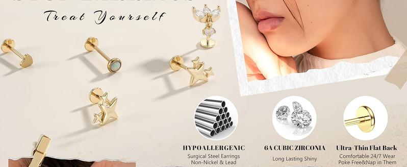 FIASASO Hypoallergenic Flat Back Stud Earrings Surgical Steel Cartilage Earrings for Women Flatback Threadless Push in Nose Studs Lip Labret Medusa Conch Helix Tragus Piercing Jewelry 16G/18G/20G