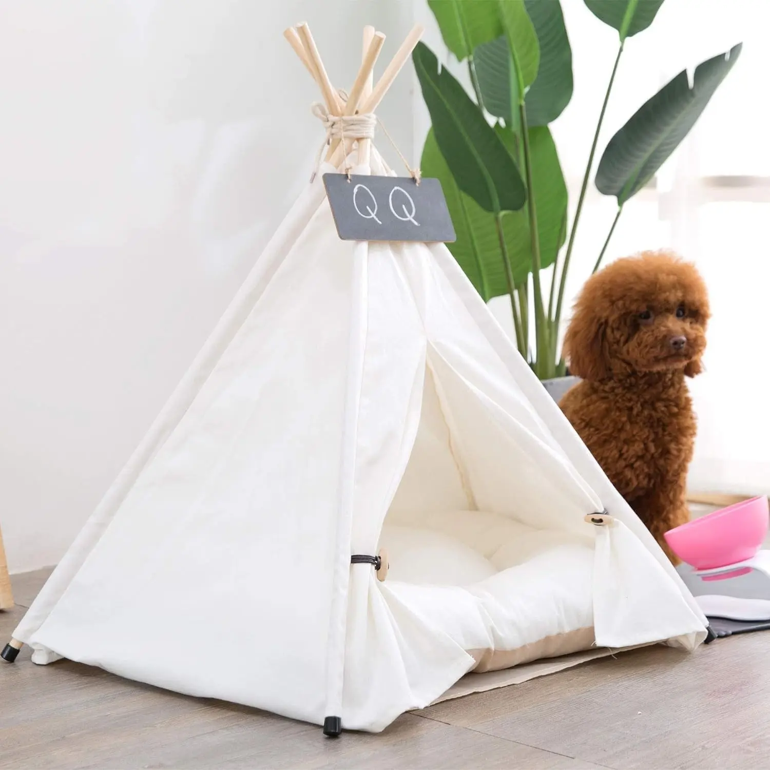 Portable Dog Teepee Bed Cat Tent Pet Puppy House with Thick Cushion, White Size L Fits Up to 15kg/33lbs Pets
