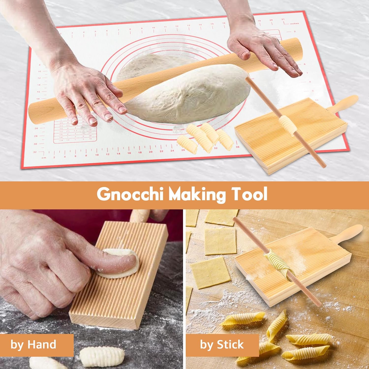 8in1 Ravioli Gnocchi Pasta Dumpling Noodle Maker  Press Mold  - Pasta Manual Accessories Homemade Essentials Making Tool Kit w/ Pastry Mats, Wooden Dough Roller Rolling Pin