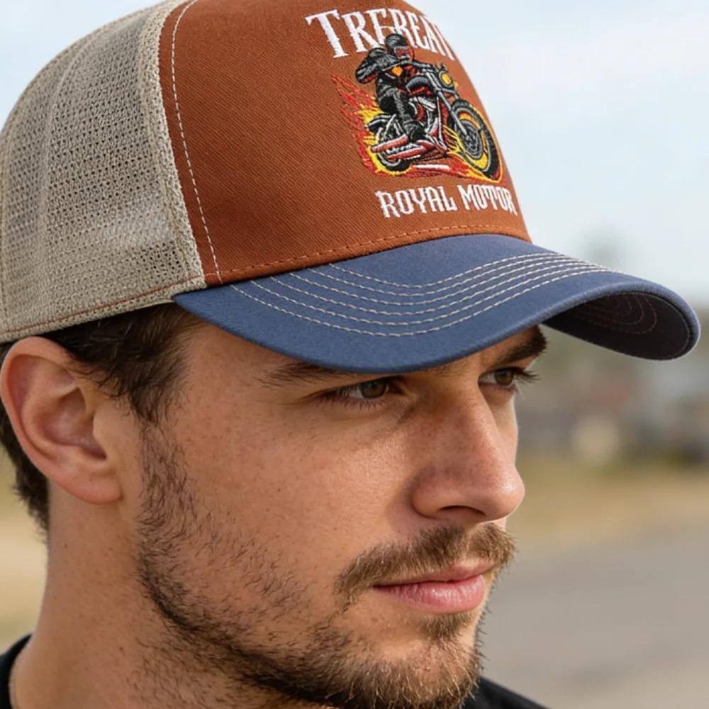 Hot Sale Motorcycle Embroidered Trucker Hat Flame Biker Patch Baseball Cap For Man Woman Breathable Streetwear Summer Mesh Caps