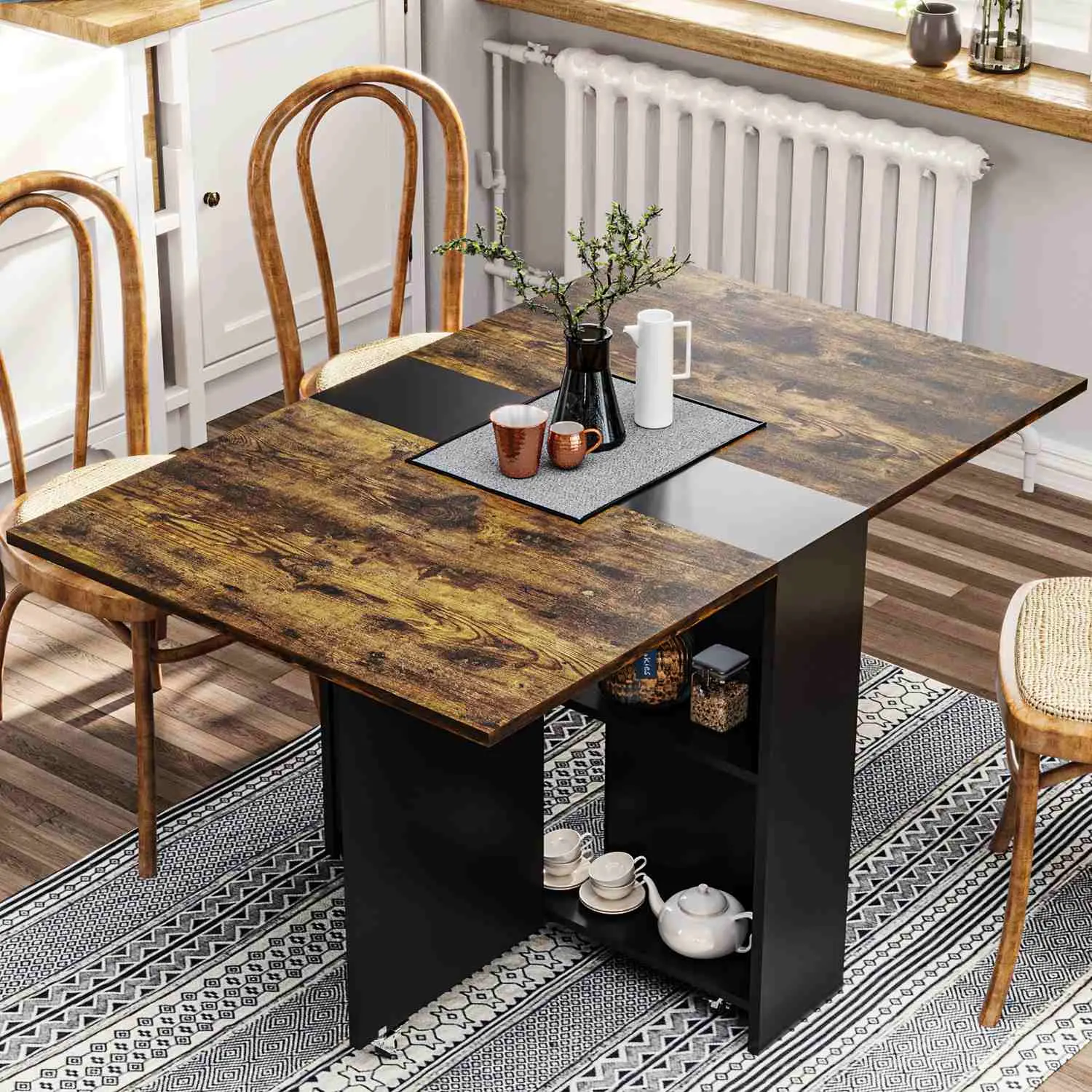 SIKAIC Brown Wood Grain Veneer Rectangular Drop Leaf Foldable Dining Table - Space-Saving, Storage Shelf, Quick Wipe Clean, Expandable Indoor Dining Table for Small Kitchens, Modern Simple, Assembly Required, Dining Tables