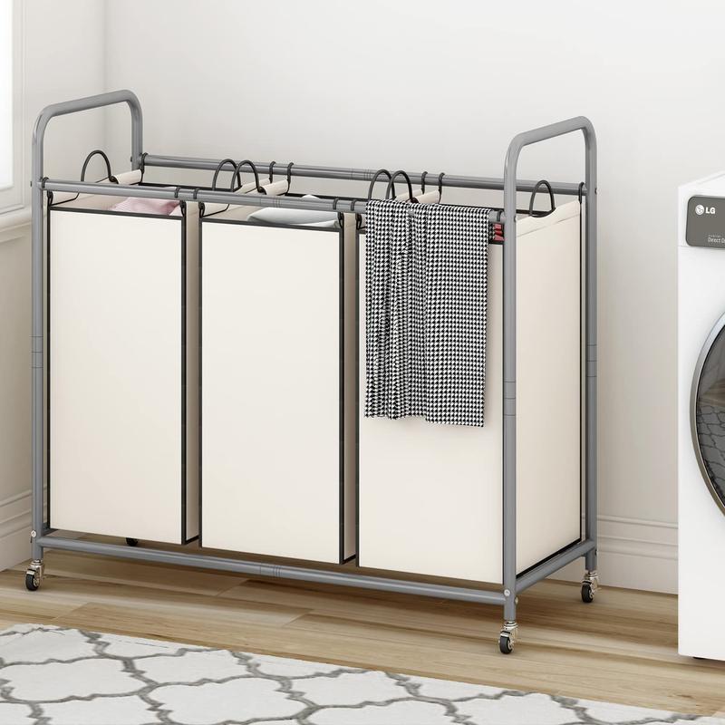 3-Bag Laundry Basket Hamper Laundry Sorter Cart laundry room organization with Heavy Duty Rolling Lockable Wheels and Removable Bags【A001】 Deals For You Days