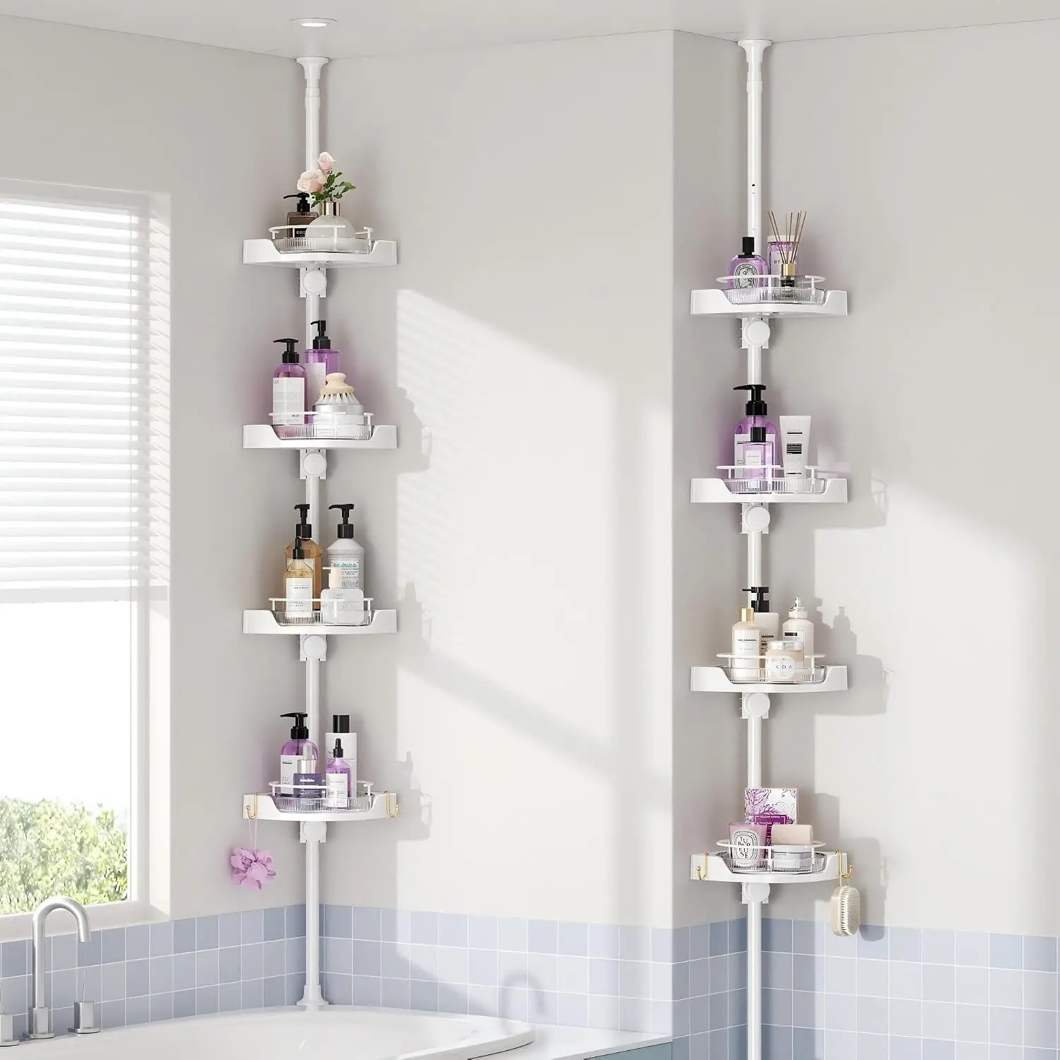 360° Rotating Shower Caddy Tension Pole, 4 Tiers Corner Shower Organizer for Bathroom Shelf Bathtub, Adjustable Standing Shower Rack, Easily Assemble, 34-124 Inch Height, White