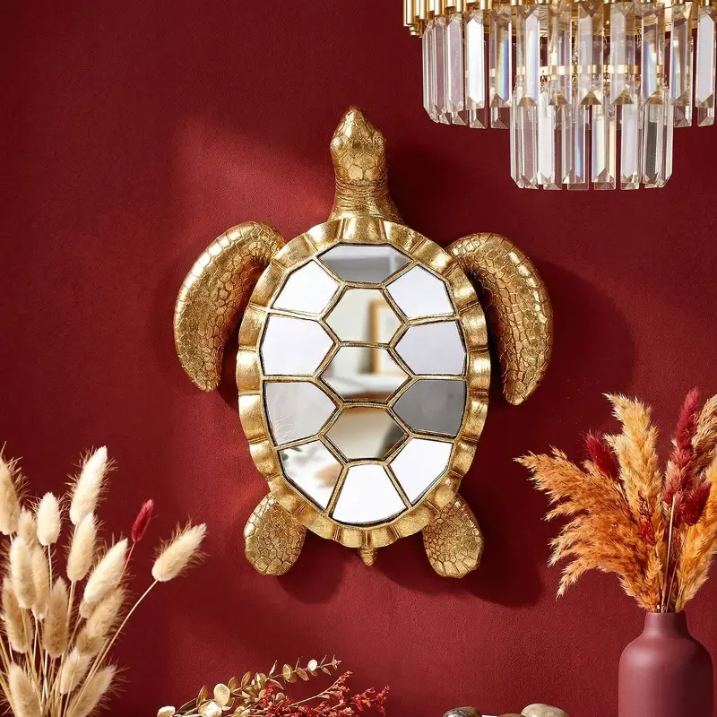 Vintage Golden Turtle Mosaic Mirror Wall Decor Retro Baroque Resin Tortoise Sculpture Luxury European Home Wall Hanging Ornament,Golden Resin Turtle Statue, Finely Crafted with Mirror Glass Inlaid on The Surface, Unique Decoration Wall Accent Mirror