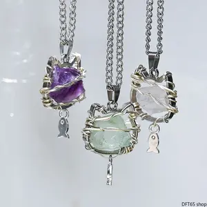 Natural Amethyst Rose Quartz Citrine Rough Stone Pendant Hand Wire Wrapped Cat And Fish Shape Frame Matte Metal Base Adjustable Wax Cord For Women Boho Daily Dating Minimalist Decorative Neck Accessory