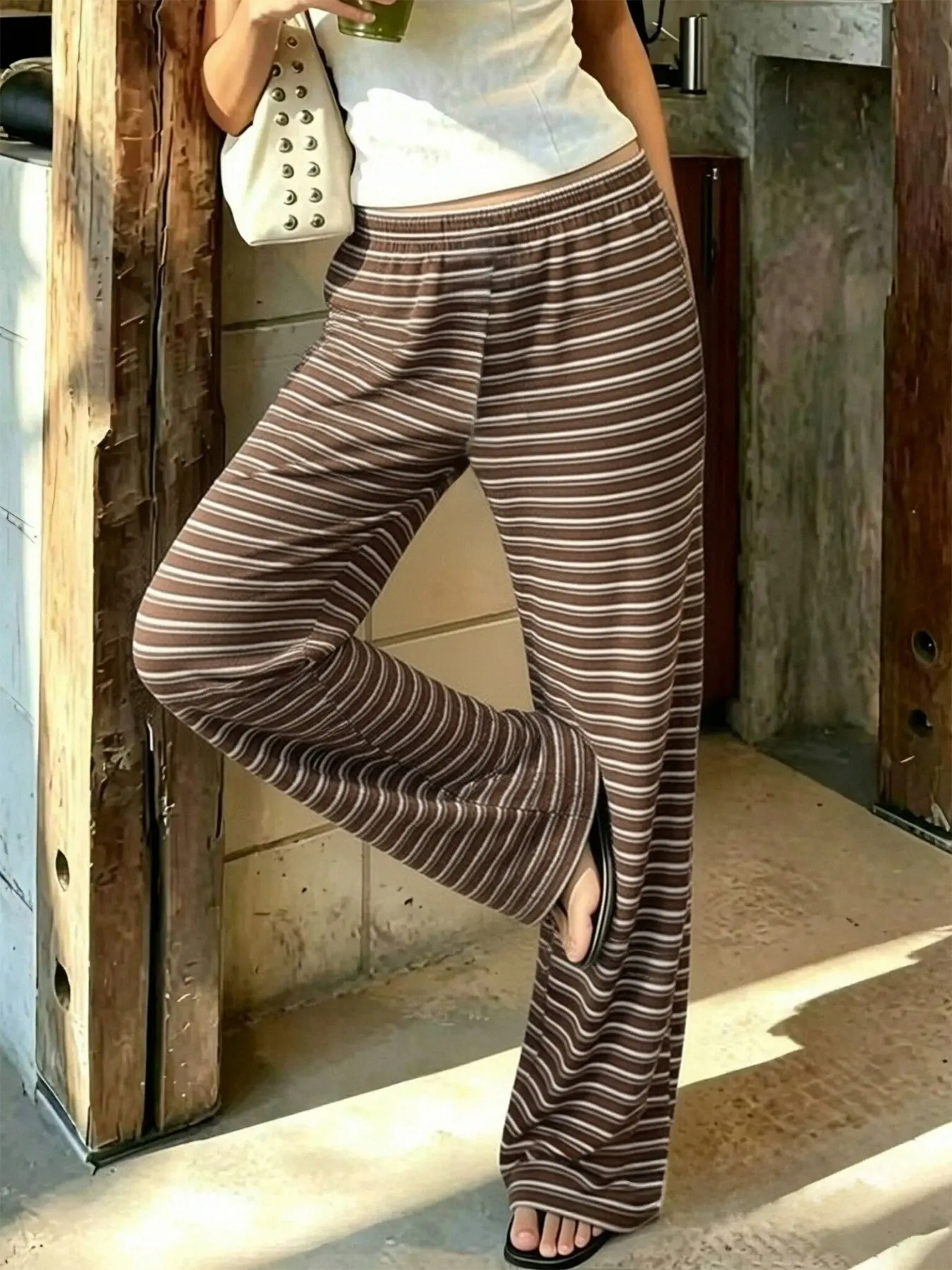 Women Brown White Striped Split Hem Wide Leg Baggy Pants, Elastic High Waist Soft Ribbed Knit Straight Trousers, Loose Casual Daily Vacation Bottoms