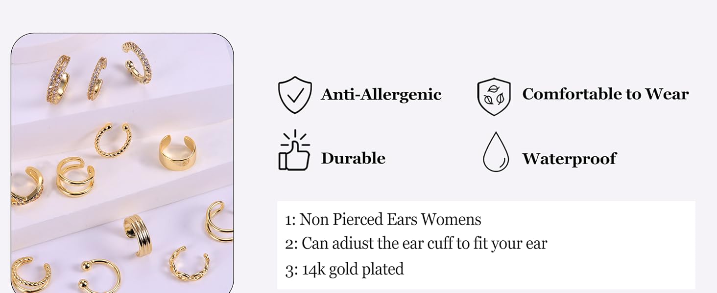 12Pcs Ear Cuffs For Women Non Piercing 18K Gold Plated Cuff Earrings Clip On Cartilage Wrap Earring Adjustable Earrings Set