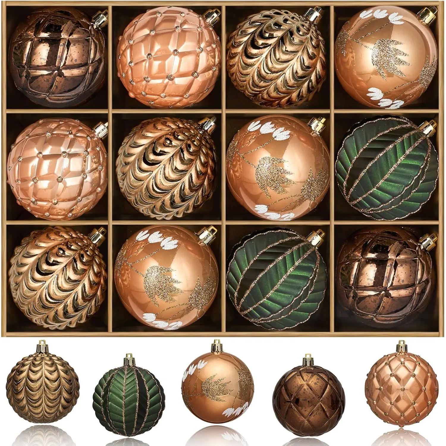 Earth Tone Christmas Tree Ornaments Bulk Pack - 12 Lightweight Modern 3.15 in/80MM Shatterproof Plastic Round Balls, Festive Decor for Xmas Tree, Holiday Party