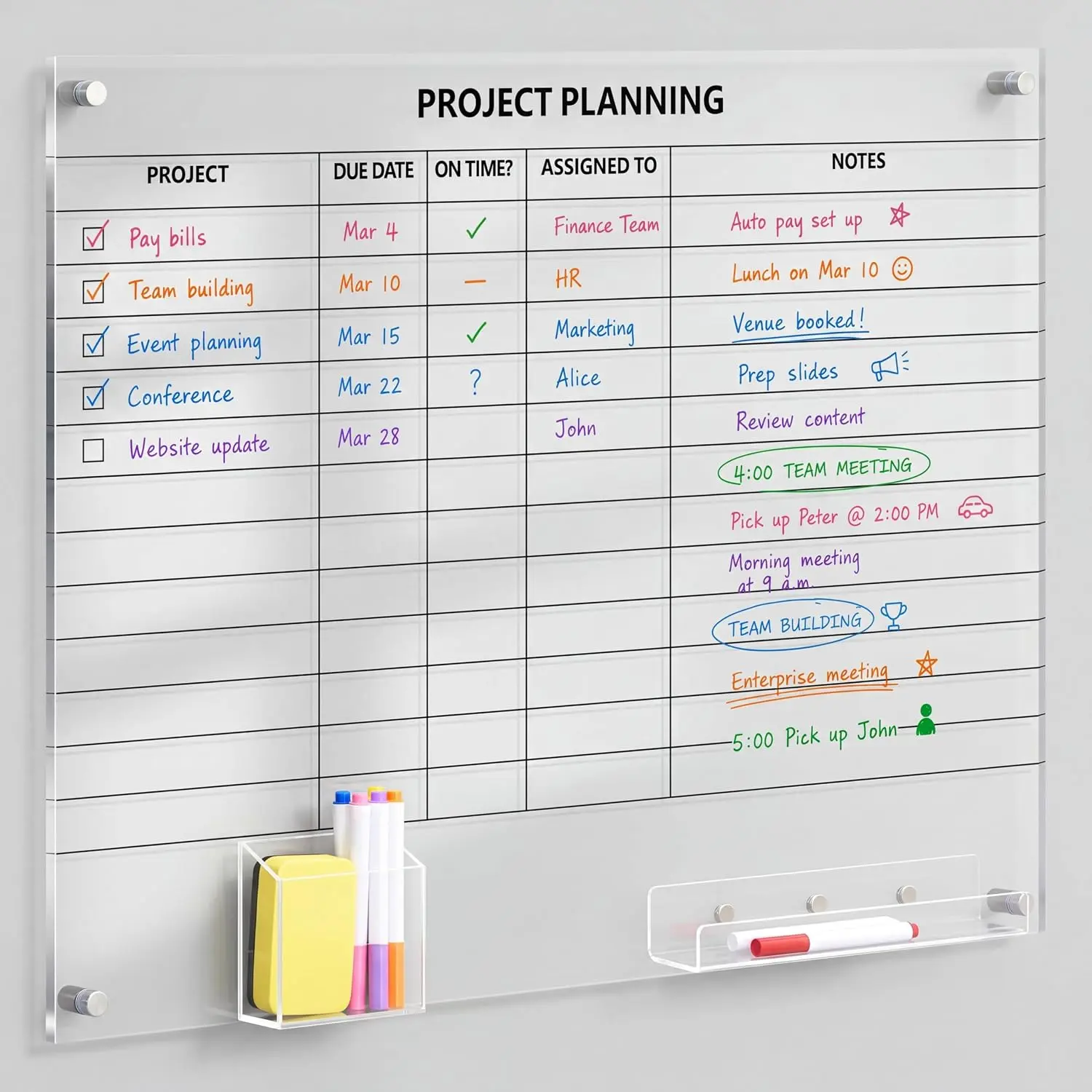 Project Planning Board, 24 x 18 Inch Clear Wall Schedule Dry Erase Board with 8 Markers and Eraser, Whiteboard Planner with Lines for  Office Project and Family Organization