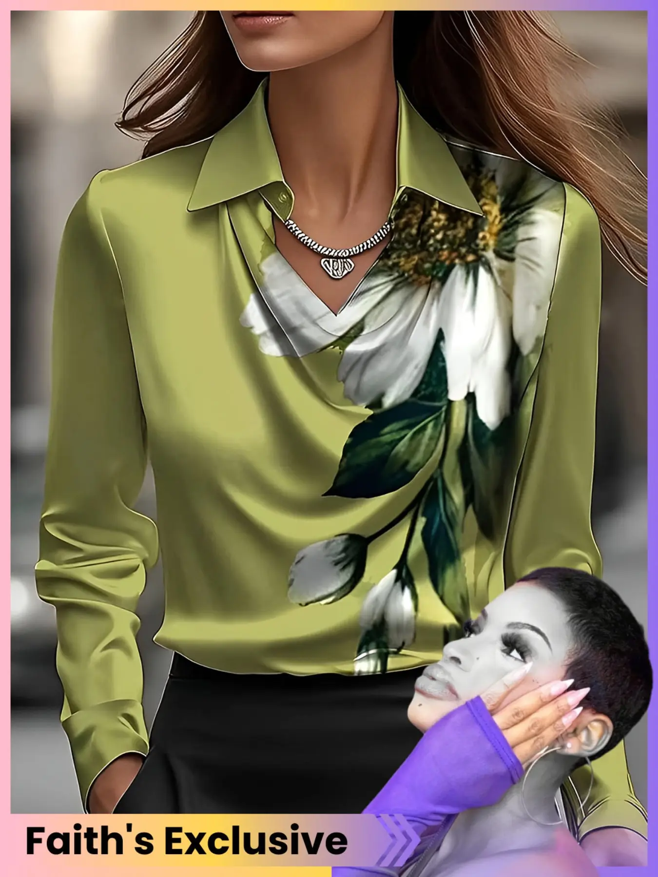 【Faith's Exclusive】Women's Floral Print Shirt Collar Long Sleeve Loose Top Blouse, Urban Style Casual Fashionable Ladies' Clothing, Faith's Exclusive Design