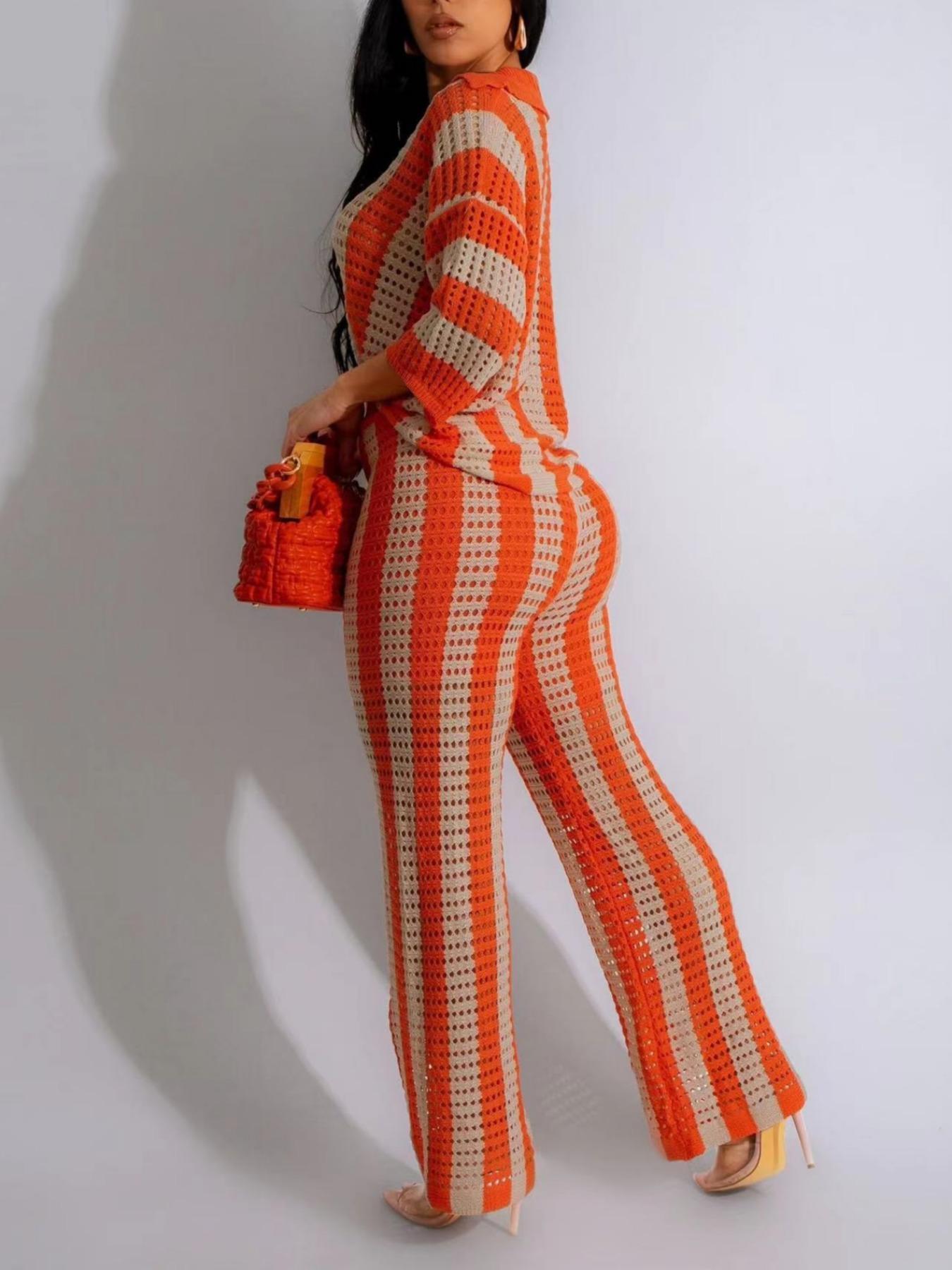 Two-Piece Set Women's Colorblock Striped Print Hollow Out Button Front Top & Wide Leg Pants, Casual Drop Shoulder Collared Top & High Waist Pants for Spring & Summer, Women 2 Piece Outfit, Summer Beachwear Set for Women, Vacation Outfit, Clothing Sets Two-Piece Set Women's Colorblock Striped Print Hollow Out Button Front Top & Wide Leg Pants, Casual Drop Shoulder Collared Top & High Waist Pants for Spring & Summer, Women 2 Piece Outfit, Summer Beachwear Set for Women, Vacation Outfit, Clothing Sets