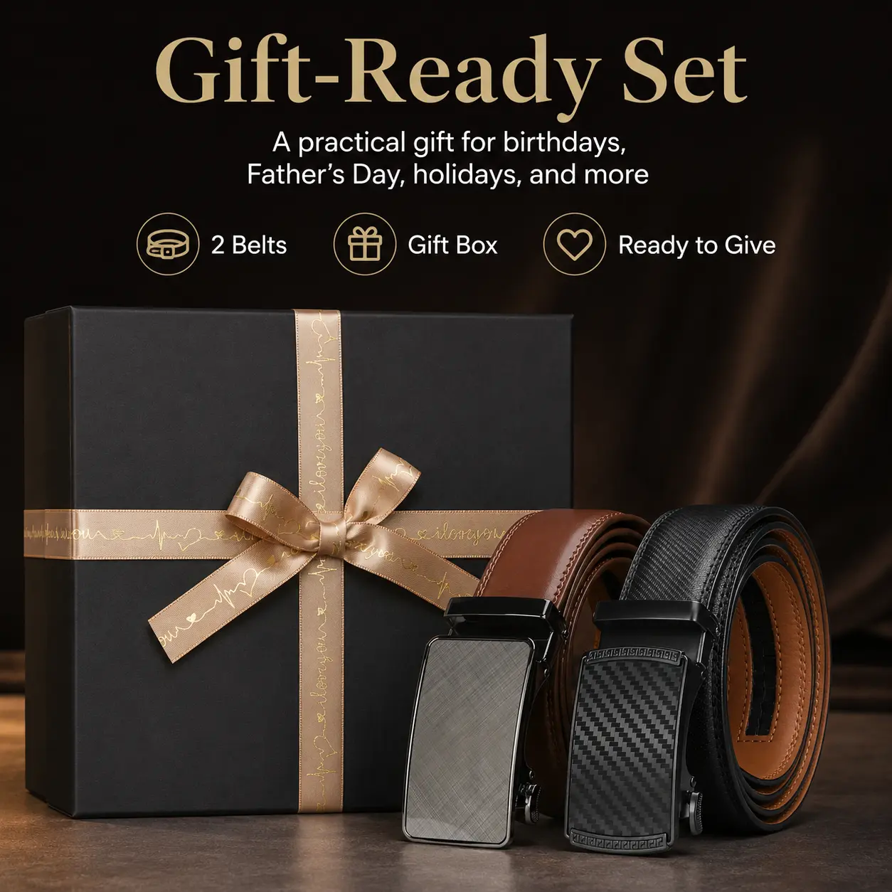 Men's Simple Leather Belt Set, 2-Pack Adjustable Ratchet Waist Belts with Automatic Buckle for Business & Casual, Gift Box Packaging, Solid, Plain, Formal, Genuine Leather, Casual/Business, Everyday Belts