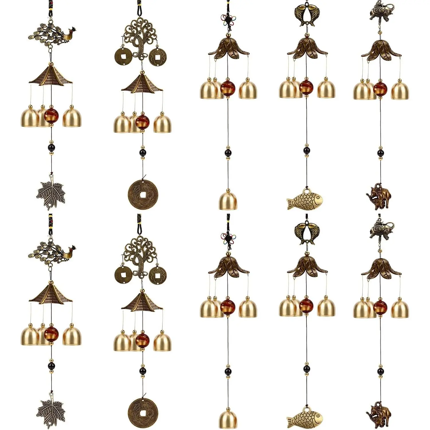 10 Pack Lucky Small Wind Chimes Bulk, Alloy Feng Shui Wind Chime | Traditional Retro Outdoor   Decor, Wealth Prosperity Happiness Chinese Chimes for Garden Patio  Decoration
