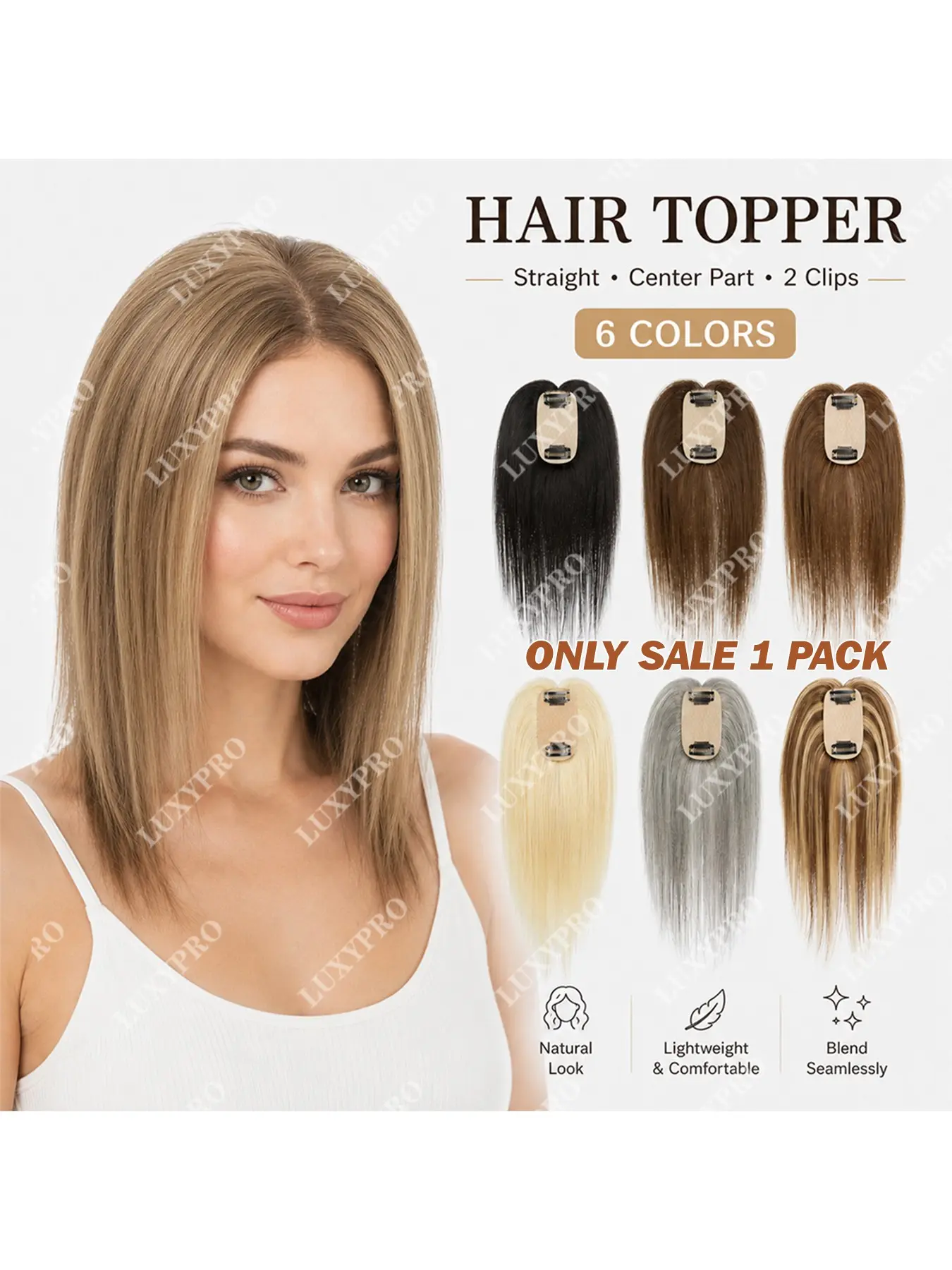 Women’s Clip In Hair Topper, 8–14 Inch Straight Center Part Crown Hairpiece for Thinning Hair, 2-Clip Lightweight Volumizing Topper, 6 Colors