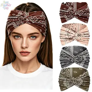 4Pcs Boho Paisley Print Knotted Headbands, Elastic Cross Turban Headbands, Soft & Non-Slip Sweatbands for Yoga, Workout, Daily Use & Hair Accessories