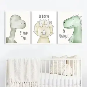3 Pieces T-Rex Dinosaur Kids Art Prints, Cute Room Wall Mural, Ancient Exploration Home Art, Kids Gallery Decor, Soft Tone Painting, Wall Decor for Kids Room and Playroom, Framed or Unframed.