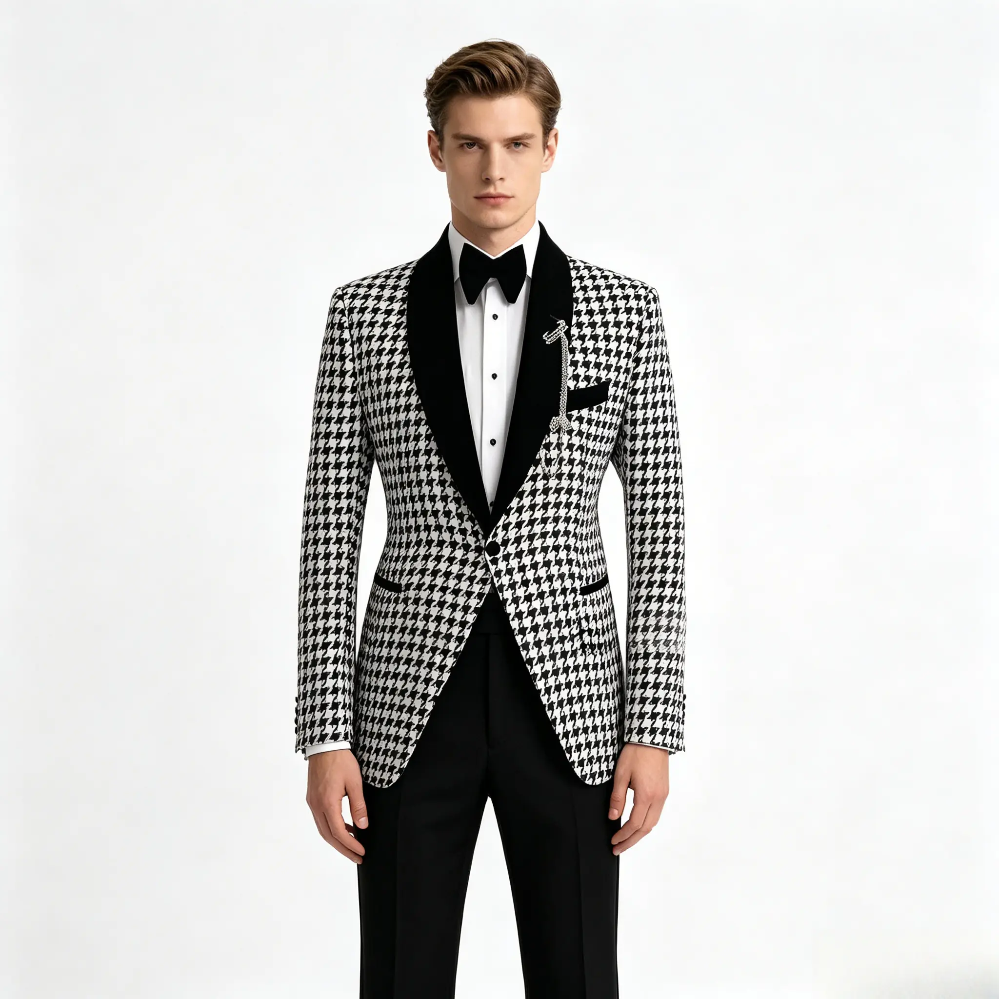 Men's 3-Piece Tuxedo Suit - Formal Wear Menswear, Fancy Retro Slim-Fit Matching Set with Houndstooth Blazer, Velvet Shawl Lapel, Long-Sleeve Polyester for Prom, Weddings