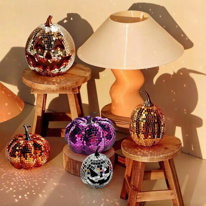 Retro Disco Ball Pumpkin Ornament, Shiny Glass Mosaic Pumpkin, Halloween Home Decor, Photography Prop, Qplkdems Model