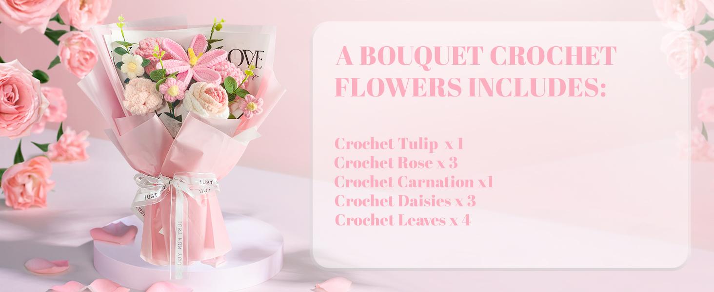 Crochet Bouquet 8PCS, Handmade Knitted Artificial Crochet Flower Gifts - Tulips Roses Daisies Carnations, Preserved for Mother's Day Valentine's Day Birthday Home Decor- Pink