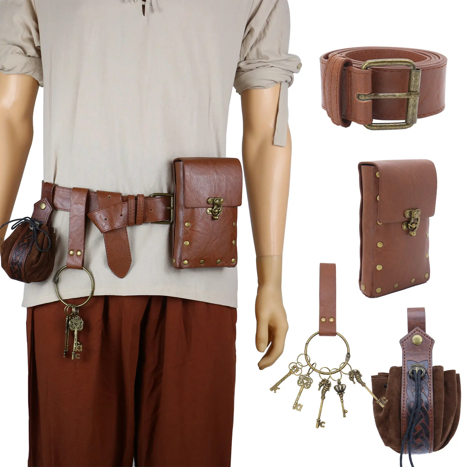 Effortless 4 Piece Medieval Belt Pouch Set Brown Leather Renaissance Waist Belt Rectangular Lock Bag Drawstring Coin Pouch Vintage Key Holder Ring Belt Kit Halloween LARP Renaissance Faire Cosplay