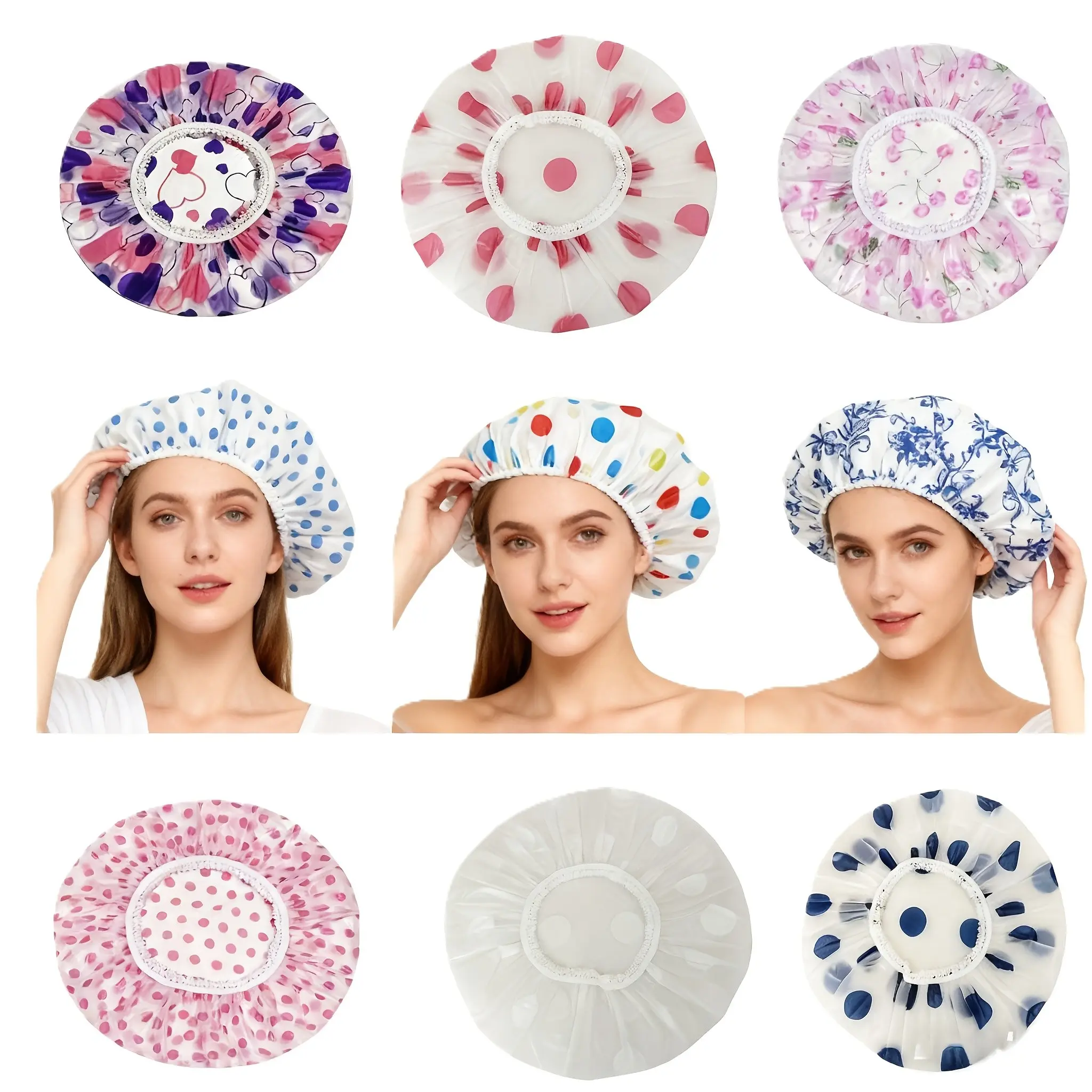 9-Piece Reusable Peva Waterproof Bath Hat Set, Random Floral Print Elastic Shower Cap, Ideal for Salon, Makeup, Home Use, Women's Portable Hair Washing Hat