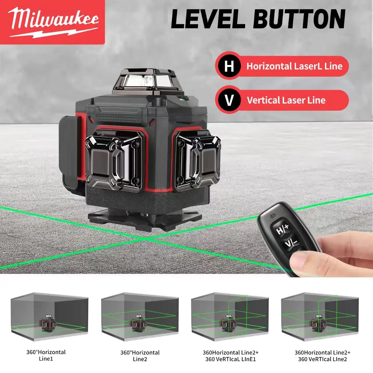 Milwaukee Degree Vertical Cross Laser Level 360 Green Beam Horizontal & Vertical Rechargeable 5000mAh Battery Range Finder Tools