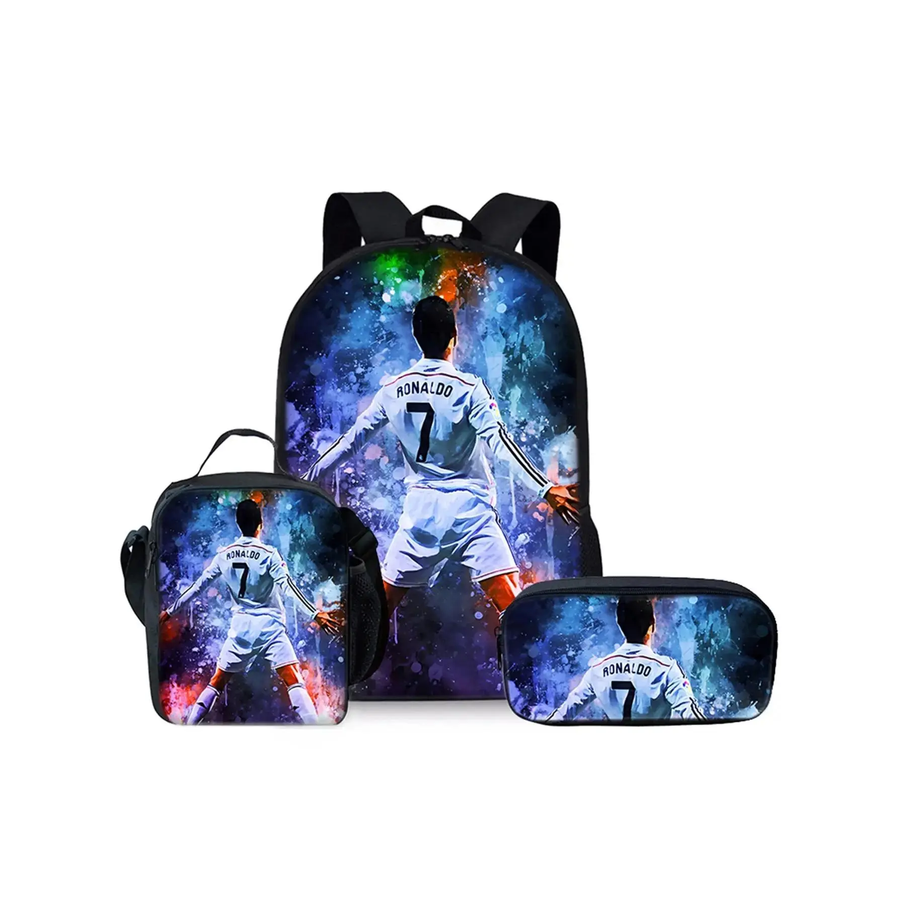 Football Player Pattern Printed 17-inch Backpack Three-piece Set (Single-layer Backpack + Shoulder Strap Lunch Bag + Single-layer Pencil Bag) Casual Printed Backpack