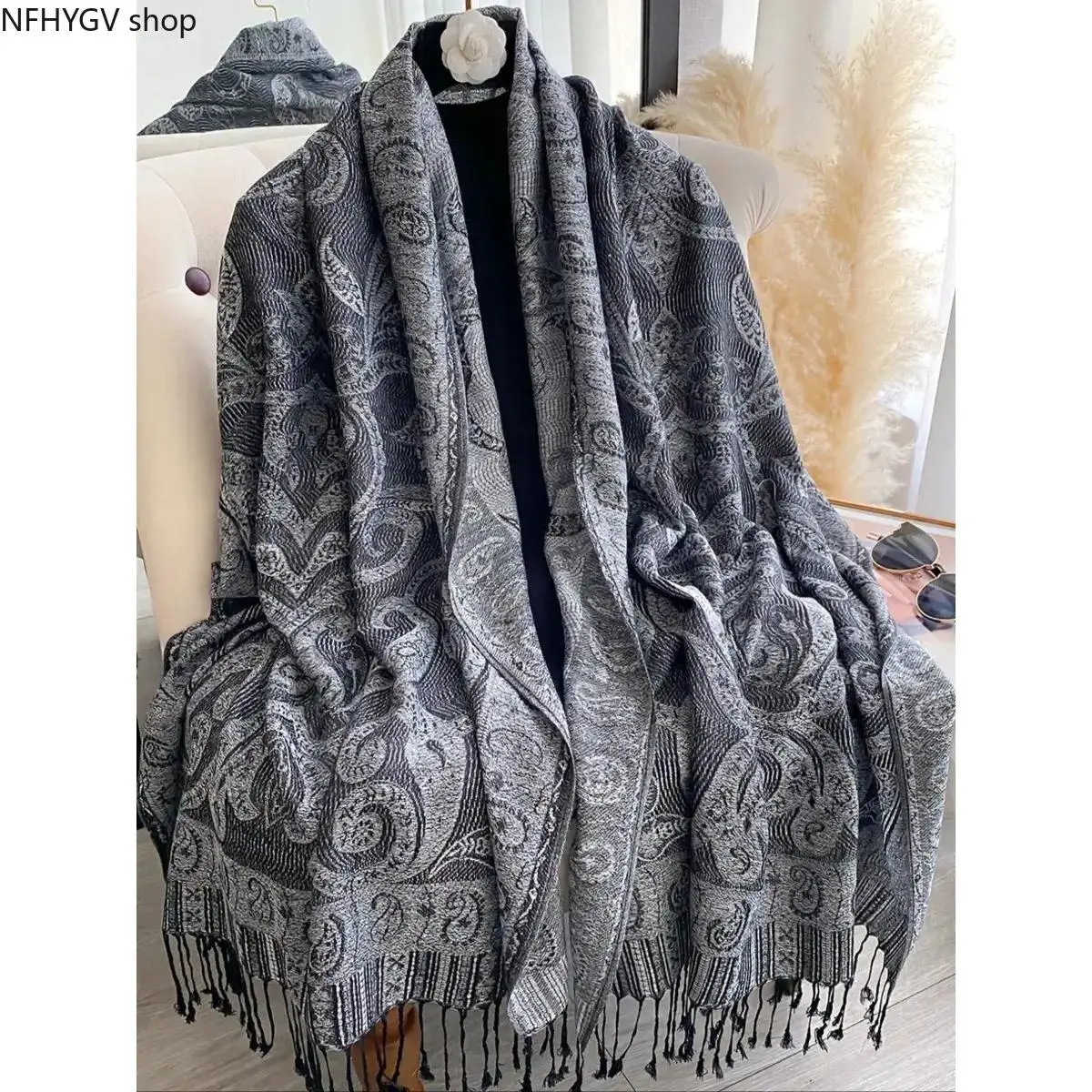 Women Tencel Satin Boho Paisley Pashmina Wrap Scarf, Long Flowing Tassel Decor Accessory, Versatile Hair Wrap Shawl For Ladies All Season Daily Styling Use
