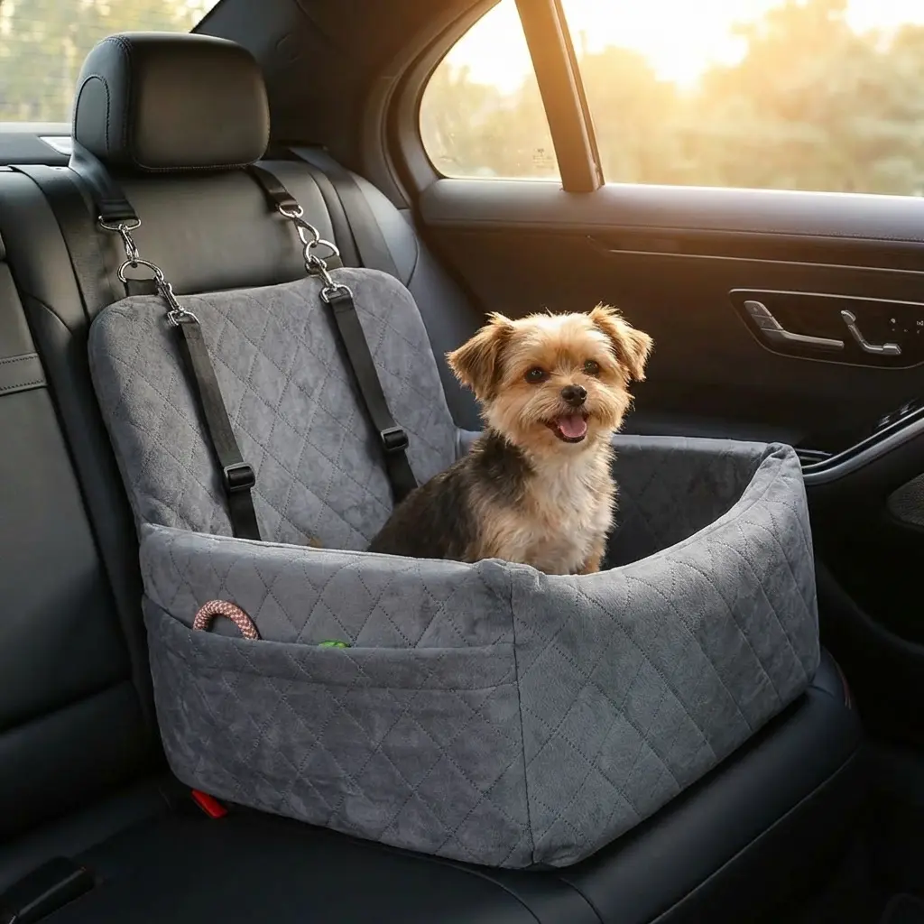 Breathable Portable Dog Car Seat for Pet Small Medium Dogs with Washable Cushion Bed Safety Belt Storage Pocket for Outdoor Travel