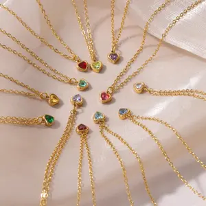 INS-style colorful mini heart birthstone necklace, heart pendant collarbone chain, 18K gold-plated for women