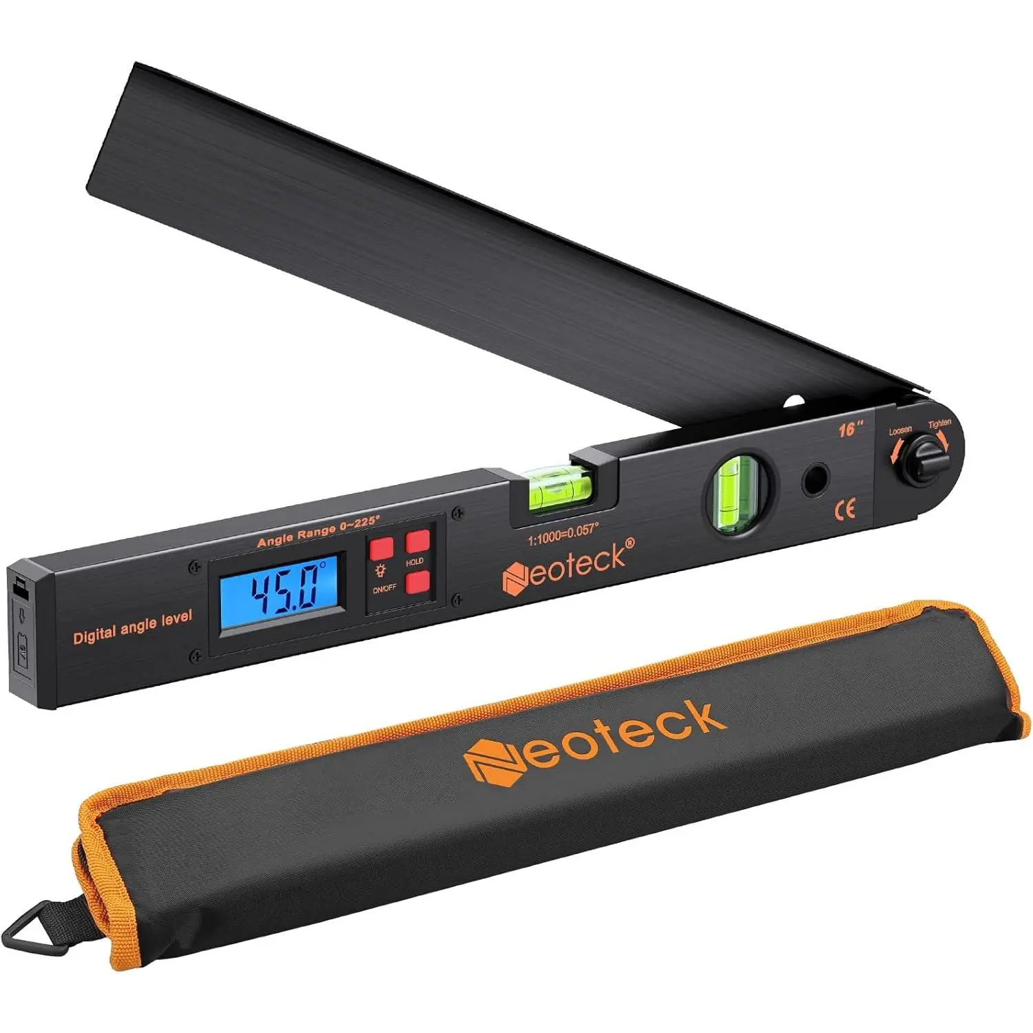 Neoteck 16-in Precision Measuring Digital Angle Finder, 225° Aluminum Protractor with LCD Backlight, Bubble Level, ±0.5° High Accuracy, Data Hold, Locking Knob, Auto-Off for Woodworking, Construction