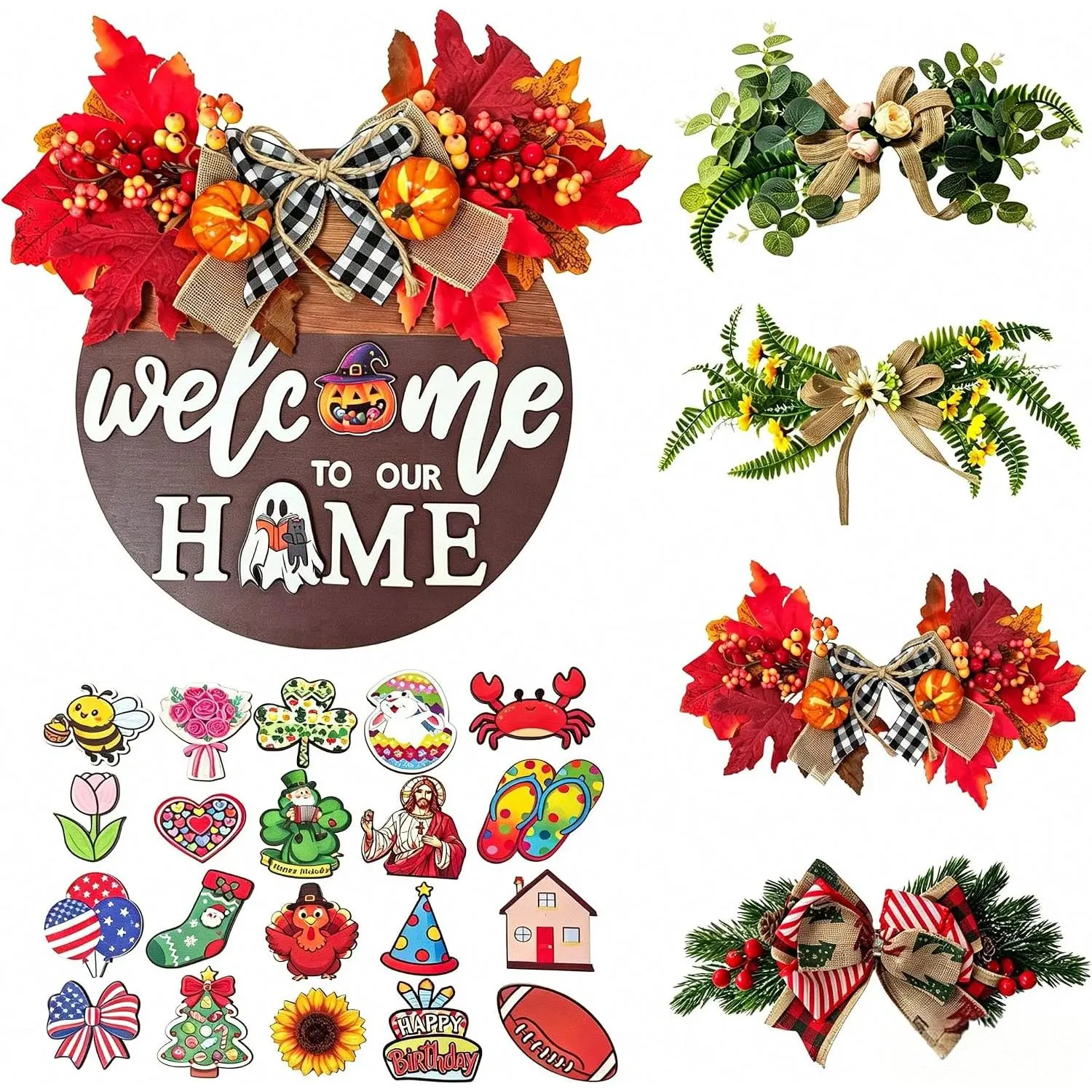 Interchangeable Welcome Wreaths Sign  Housewarming  Door Decor | 4 Seasonal Wreaths & 24 Changeable Icons 12Inch Wooden Rustic  Porch Wall Decor -Year Holiday  Accent