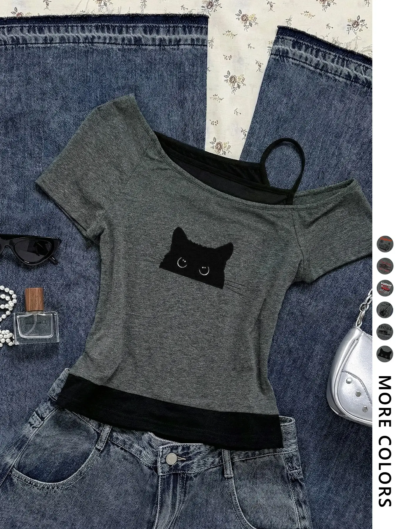 Women's Y2K Style Slim Fit Printed Top, Shoulder-Exposed Short Sleeve T-Shirt, Cute Cat Print Faux Two-Piece Design, Strap & Tie Details
