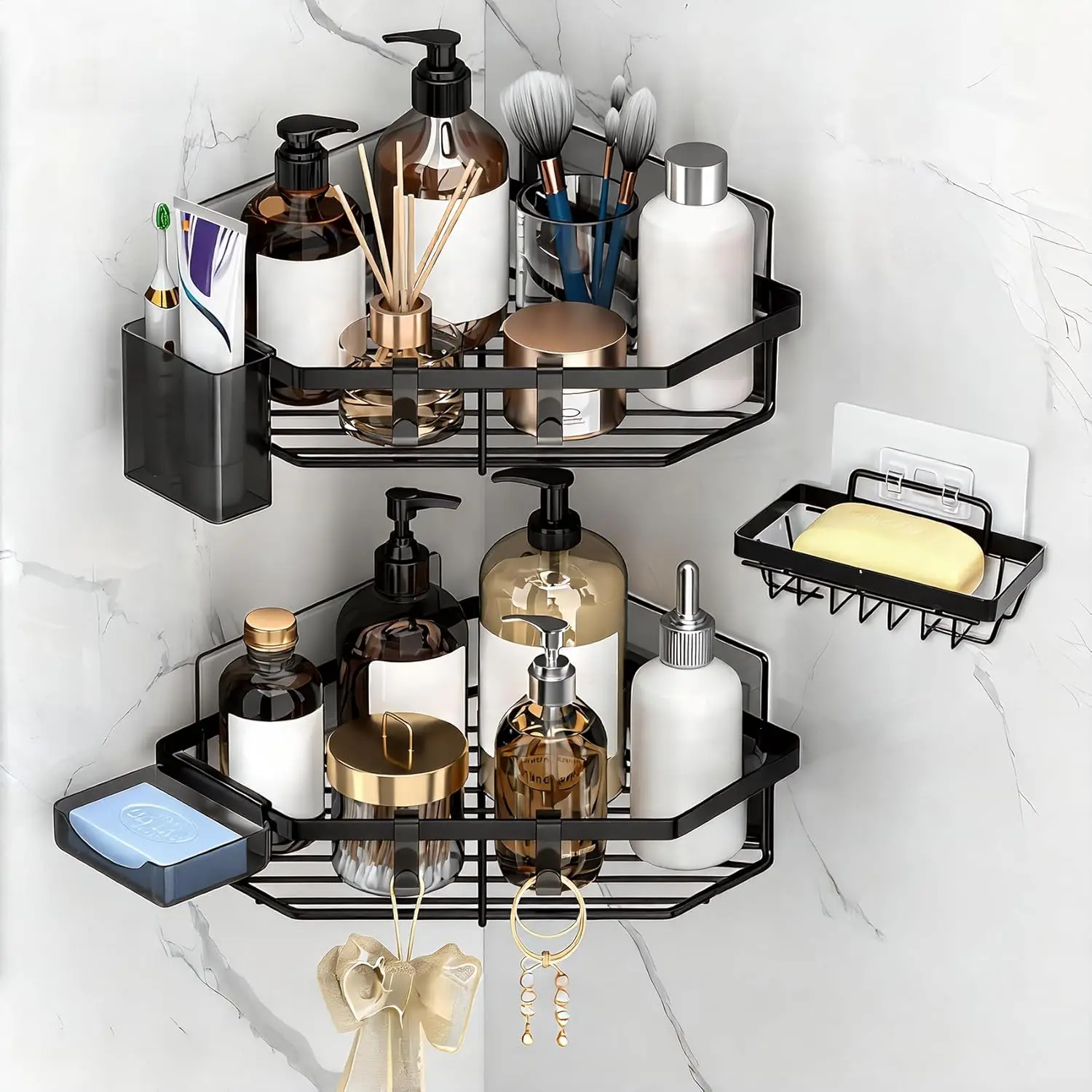 Corner Shower Caddy, 5-Pack Adhesive Shower Corner Organizer Shelves, No Drilling Stainless Steel Shower Storage Rack with Soap&Toothpaste Holder for Bathroom, Dorm and Kitchen (black)