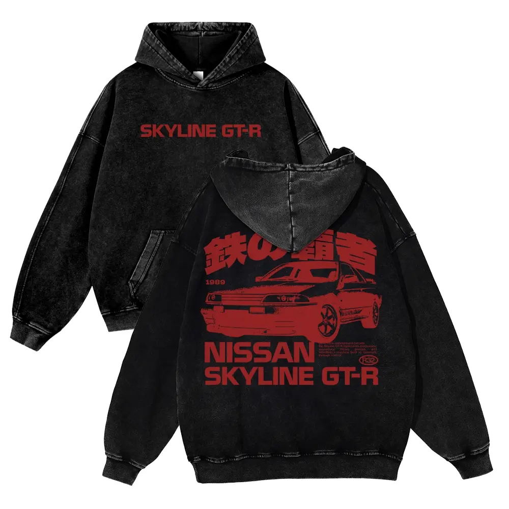 Vintage Nissan Skyline GT-R R32 Hoodie Oversized Washed Heavyweight Fleece Graphic Sweatshirt JDM Car Racing Hooded Pullover Unisex Y2K Japanese Streetwear