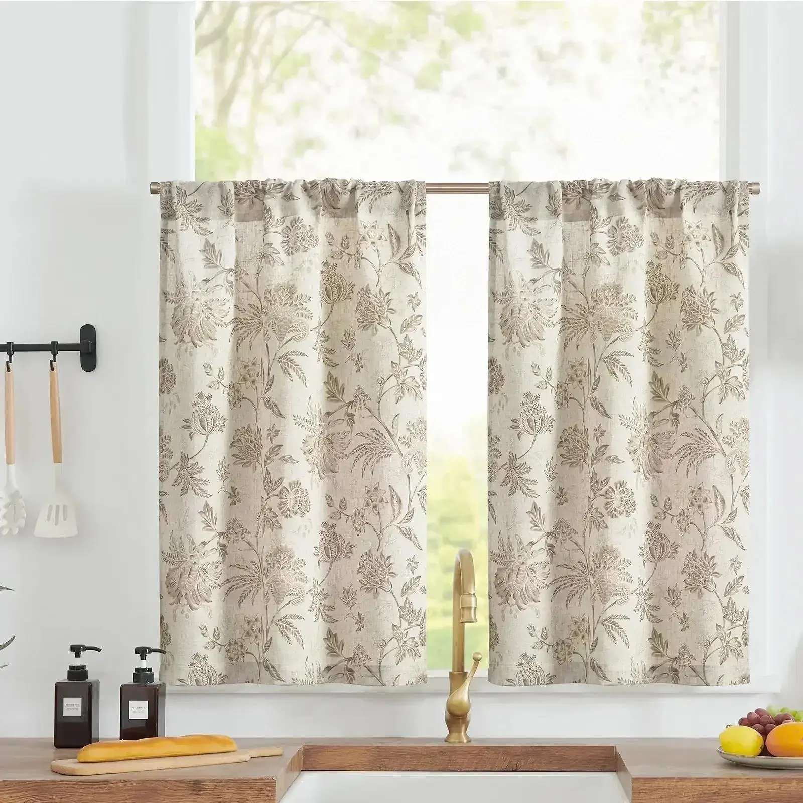 Vintage Botanical Floral Print Finished Pleated Linen Blend Kitchen Curtains, Ideal for Campers & Rustic Farmhouse Decor